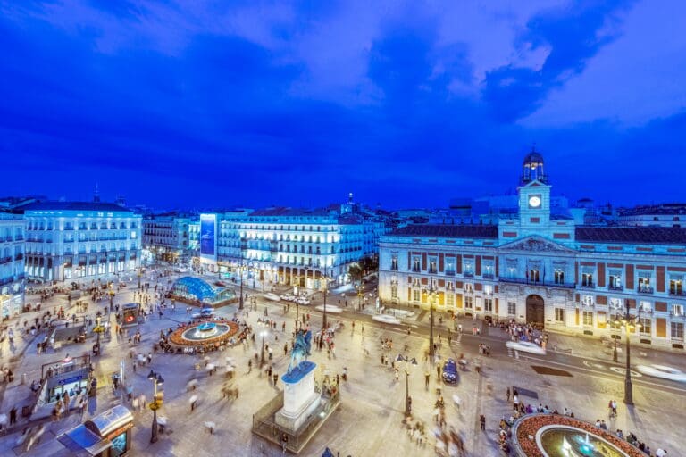 Madrid city tour by car - Ornate buildings illuminated at night, Madrid, Madrid, Spain